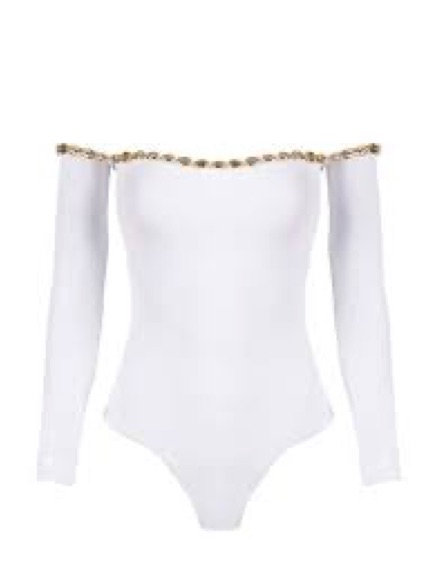 White Off-Shoulder Long Sleeve Bodysuit With Gold Trim